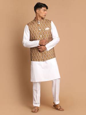 Green And White Pure Cotton Jacket, Kurta And Pyjama Set 1