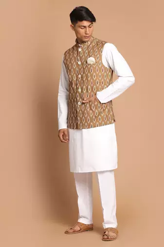 Green And White Pure Cotton Jacket, Kurta And Pyjama Set