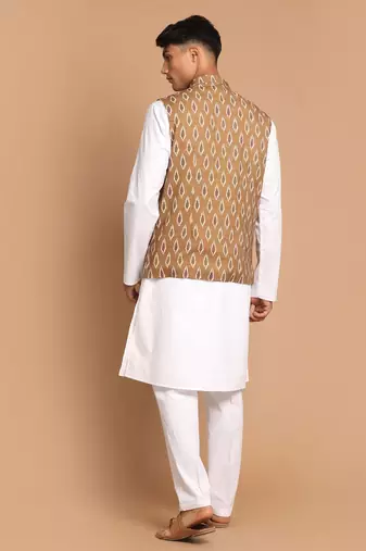 Green And White Pure Cotton Jacket, Kurta And Pyjama Set