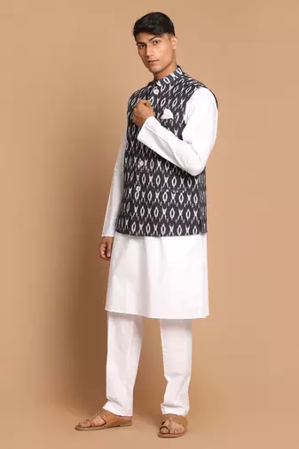 Black And White Pure Cotton Jacket, Kurta And Pyjama Set