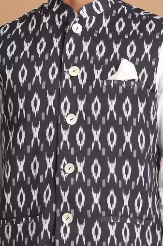 Black And White Pure Cotton Jacket, Kurta And Pyjama Set