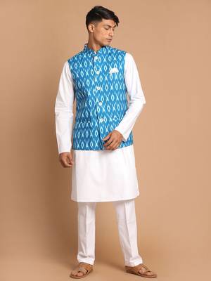 Turquoise And White Pure Cotton Jacket, Kurta And Pyjama Set 1