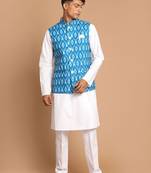 Turquoise And White Pure Cotton Jacket, Kurta And Pyjama Set