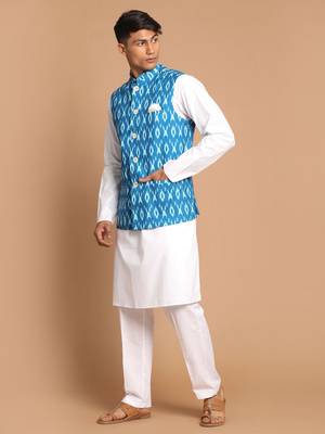 Turquoise And White Pure Cotton Jacket, Kurta And Pyjama Set 2