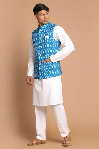 Turquoise And White Pure Cotton Jacket, Kurta And Pyjama Set