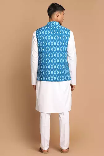 Turquoise And White Pure Cotton Jacket, Kurta And Pyjama Set