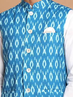 Turquoise And White Pure Cotton Jacket, Kurta And Pyjama Set 4