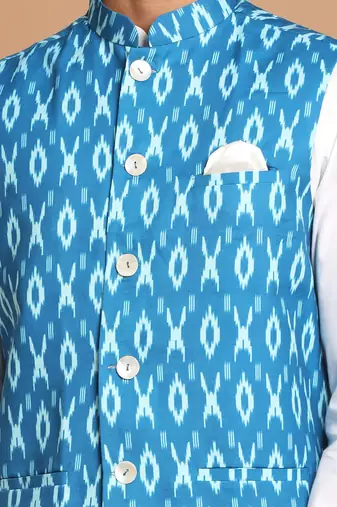 Turquoise And White Pure Cotton Jacket, Kurta And Pyjama Set