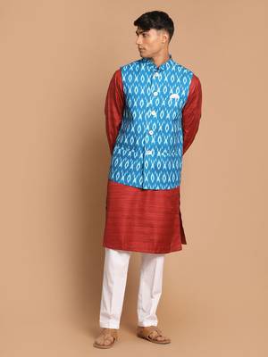Men'S Maroon, Turquoise And White Cotton Blend Jacket, Kurta And Pyjama Set 1