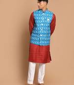 Men'S Maroon, Turquoise And White Cotton Blend Jacket, Kurta And Pyjama Set