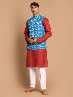 Men'S Maroon, Turquoise And White Cotton Blend Jacket, Kurta And Pyjama Set 2