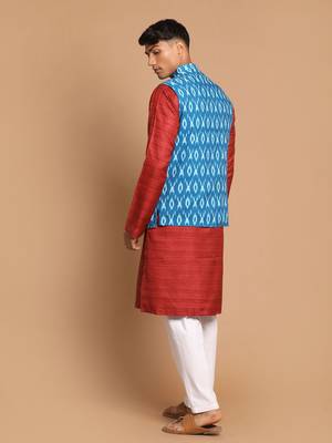 Men'S Maroon, Turquoise And White Cotton Blend Jacket, Kurta And Pyjama Set 3
