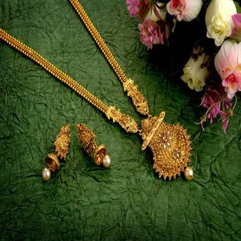 traditional paisley design long haram alloy gold plated necklace with earrings jewellery set for women 1