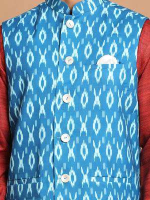 Men'S Maroon, Turquoise And White Cotton Blend Jacket, Kurta And Pyjama Set 4