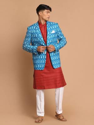Men'S Maroon And White Cotton Blend Ethnic Combo Set 1