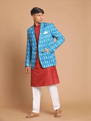 Men'S Maroon And White Cotton Blend Ethnic Combo Set 2