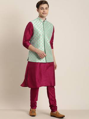 Mint Green And Pink Poly Viscose Jacket, Kurta And Pyjama Set 1