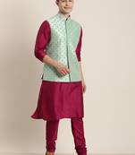 Men'S Mint Green And Pink Poly Viscose Jacket, Kurta And Pyjama Set