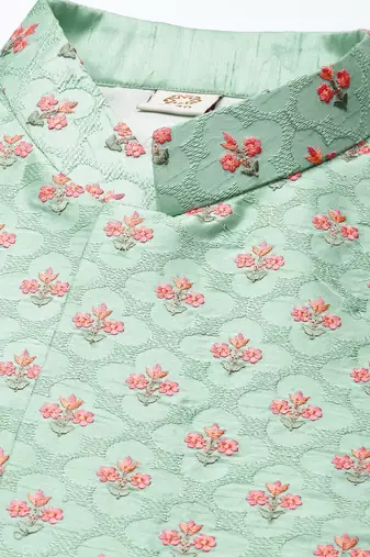 Mint Green And Pink Poly Viscose Jacket, Kurta And Pyjama Set