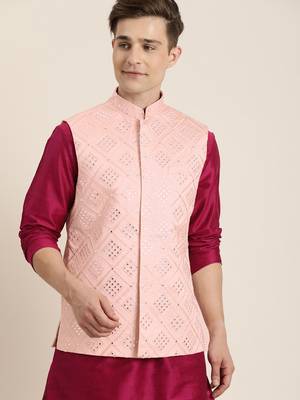 Pink Poly Viscose Jacket, Kurta And Pyjama Set 1