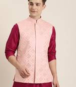 Men'S Pink Poly Viscose Jacket, Kurta And Pyjama Set