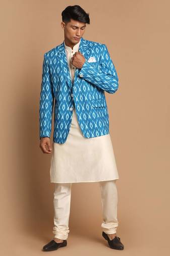 Men'S Turquoise And Cream Viscose Ethnic Combo Set