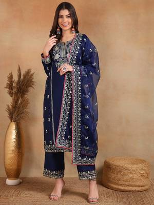women navy blue silk blend solid yoke design straight kurta palazzo with dupatta 1