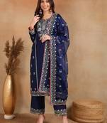 women navy blue silk blend solid yoke design straight kurta palazzo with dupatta