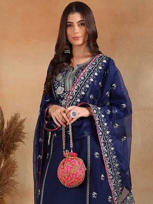 women navy blue silk blend solid yoke design straight kurta palazzo with dupatta 2
