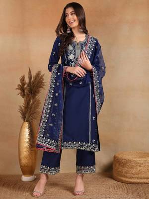 women navy blue silk blend solid yoke design straight kurta palazzo with dupatta 3