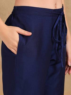 women navy blue silk blend solid yoke design straight kurta palazzo with dupatta 5