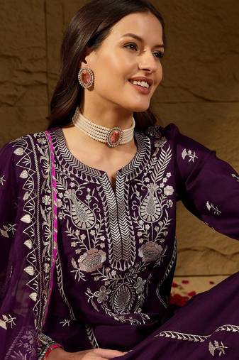 women purple silk blend yoke design zari straight kurta palazzo with dupatta