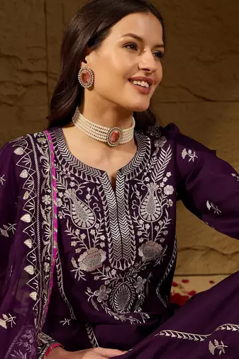 women purple silk blend yoke design zari straight kurta palazzo with dupatta
