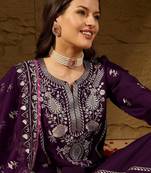 women purple silk blend yoke design zari straight kurta palazzo with dupatta