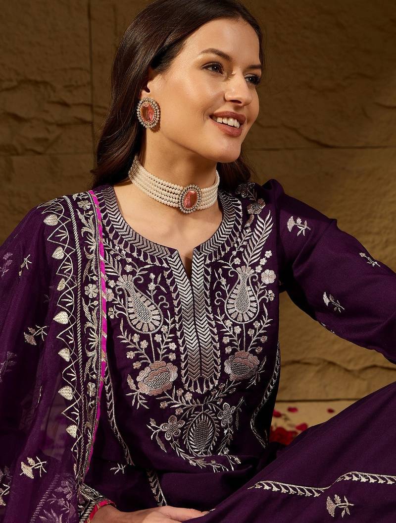 women purple silk blend yoke design zari straight kurta palazzo with dupatta