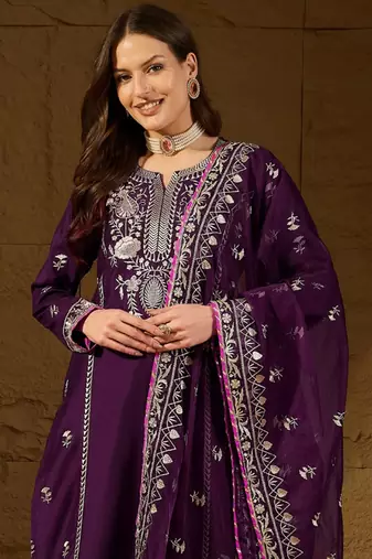 women purple silk blend yoke design zari straight kurta palazzo with dupatta