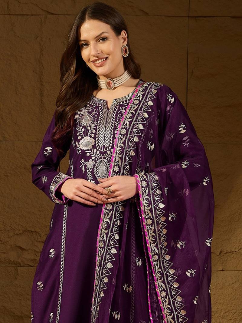 women purple silk blend yoke design zari straight kurta palazzo with dupatta