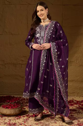 women purple silk blend yoke design zari straight kurta palazzo with dupatta