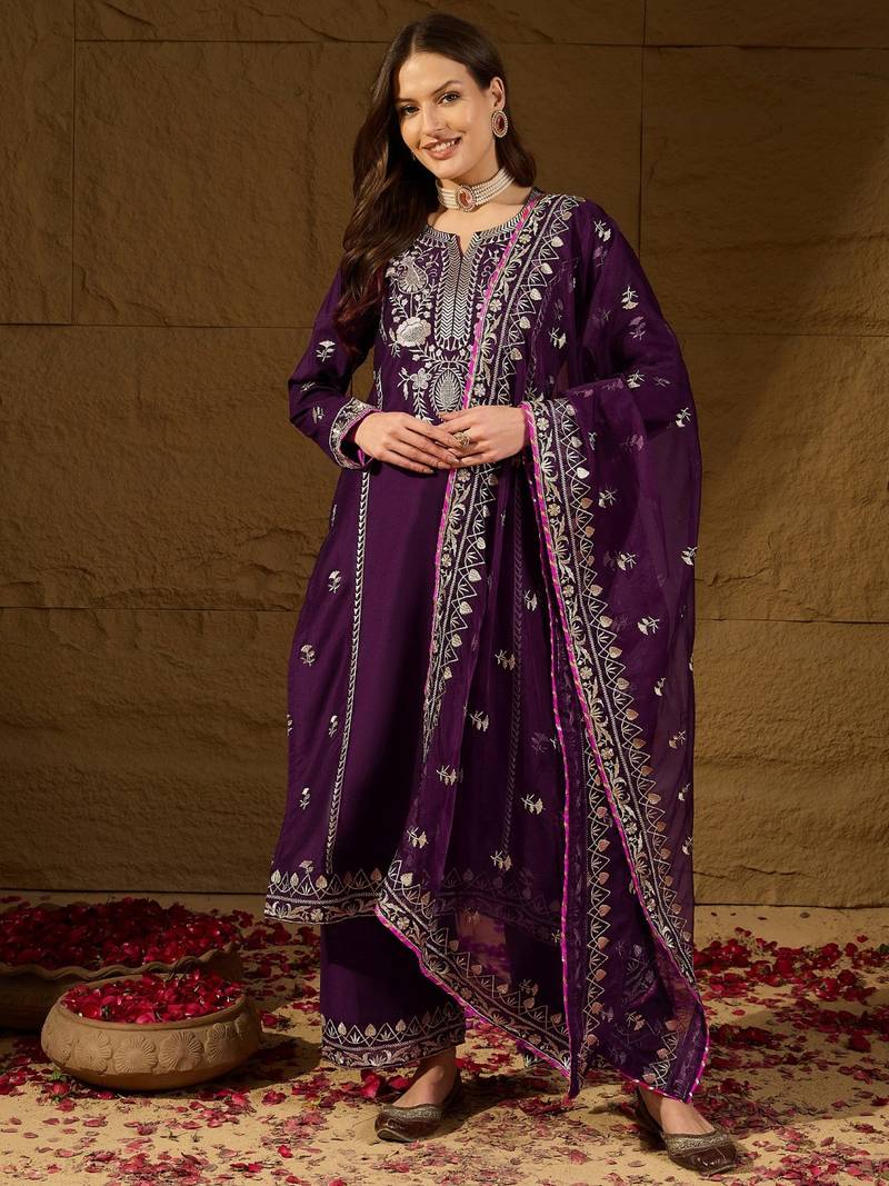 women purple silk blend yoke design zari straight kurta palazzo with dupatta