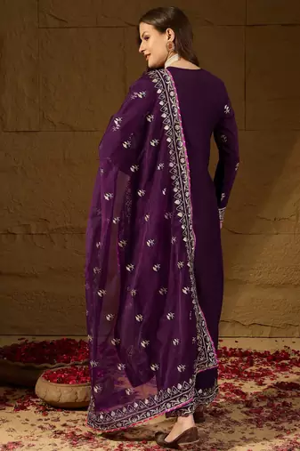 women purple silk blend yoke design zari straight kurta palazzo with dupatta