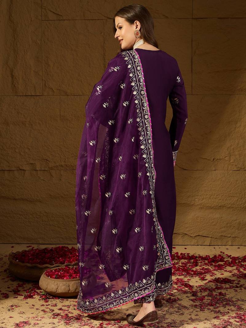 women purple silk blend yoke design zari straight kurta palazzo with dupatta