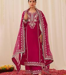 women pink silk blend solid yoke design straight kurta palazzo with dupatta