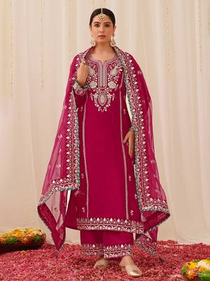 women pink silk blend solid yoke design straight kurta palazzo with dupatta 2