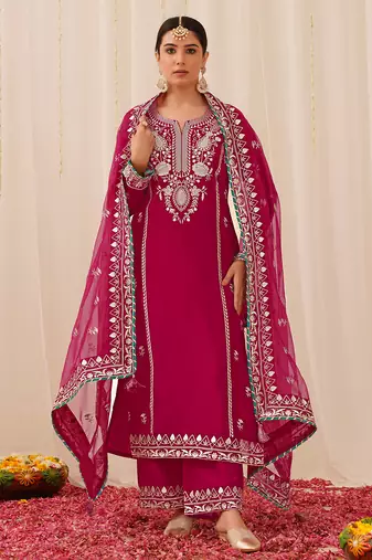 women pink silk blend solid yoke design straight kurta palazzo with dupatta