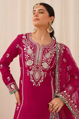 women pink silk blend solid yoke design straight kurta palazzo with dupatta