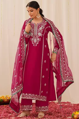 women pink silk blend solid yoke design straight kurta palazzo with dupatta