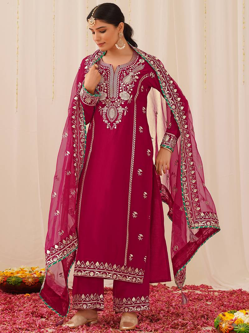 women pink silk blend solid yoke design straight kurta palazzo with dupatta