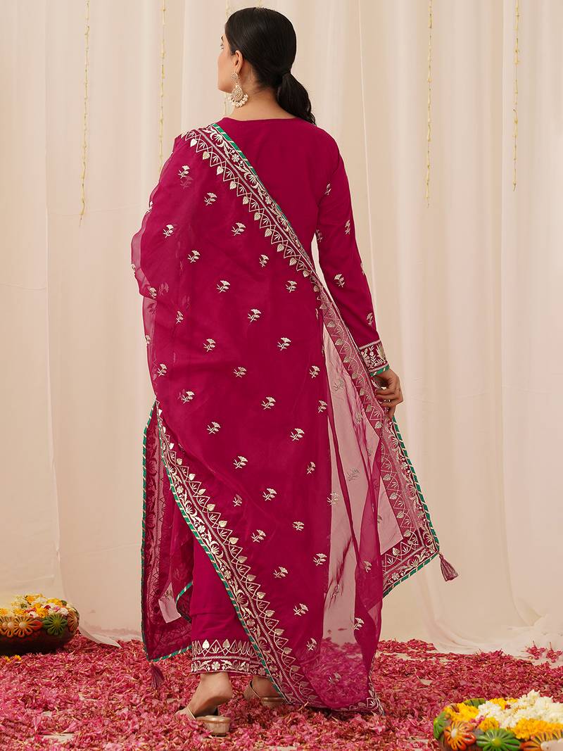 women pink silk blend solid yoke design straight kurta palazzo with dupatta