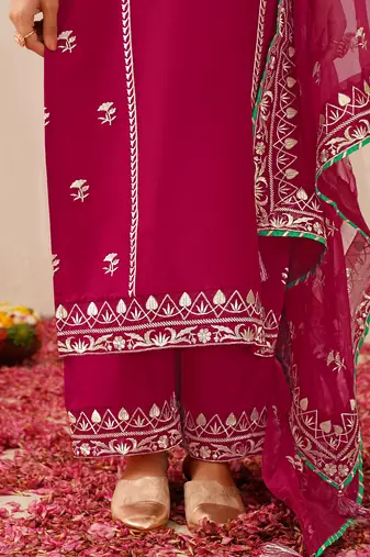 women pink silk blend solid yoke design straight kurta palazzo with dupatta