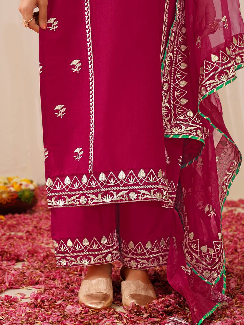 women pink silk blend solid yoke design straight kurta palazzo with dupatta